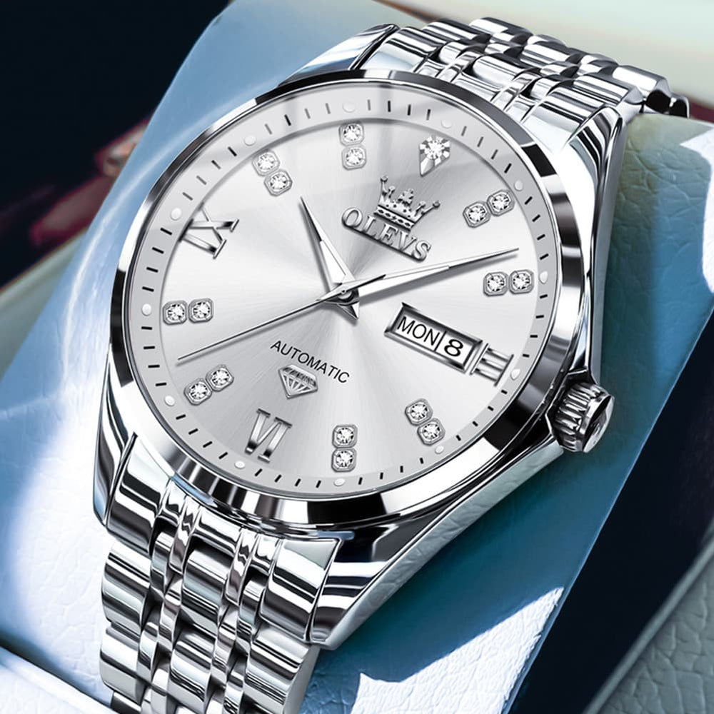 OLEVS Diamond Dial Automatic Mechanical Watch 9801 Day Date for Men - Silver White Watch | Olevs Watch Store