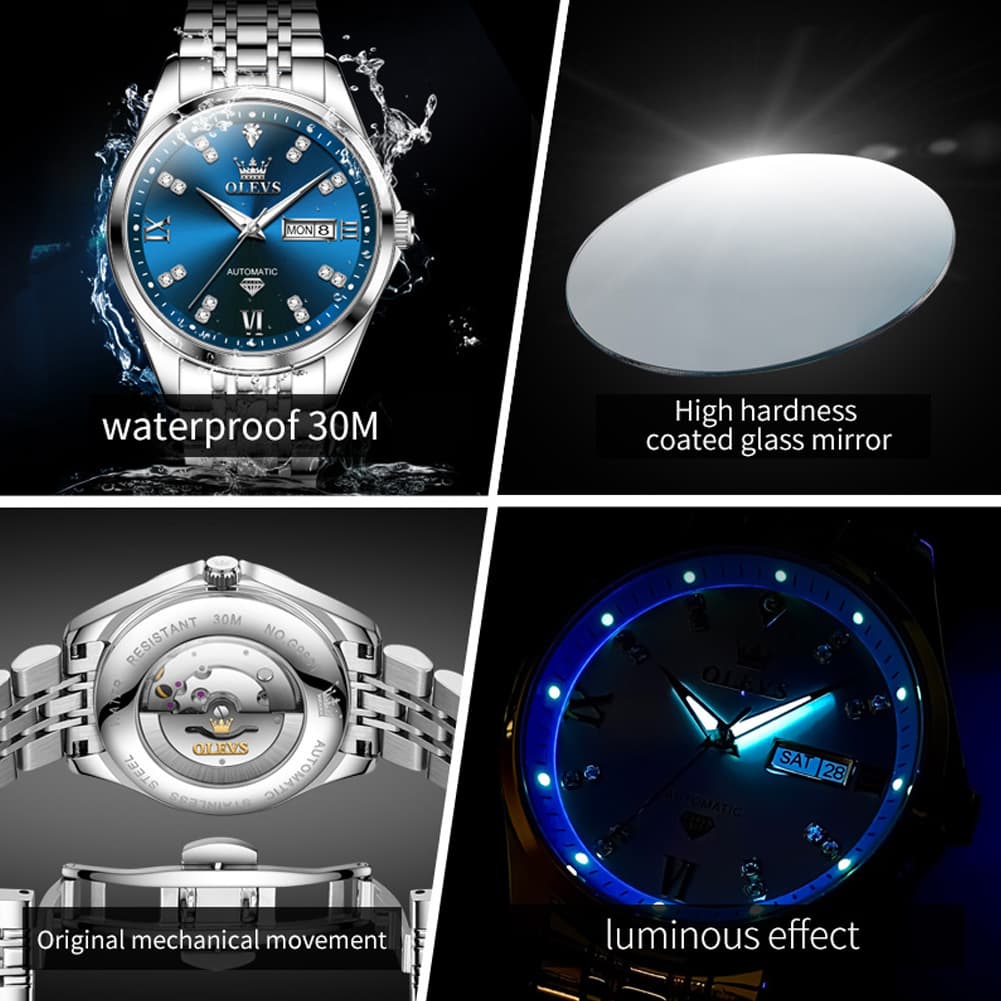OLEVS Diamond Dial Automatic Mechanical Watch 9801 Day Date for Men - Silver Blue Watch | Olevs Watch Store