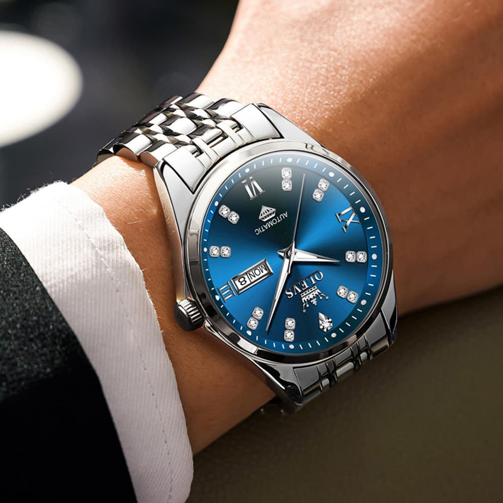OLEVS Diamond Dial Automatic Mechanical Watch 9801 Day Date for Men - Silver Blue Watch | Olevs Watch Store