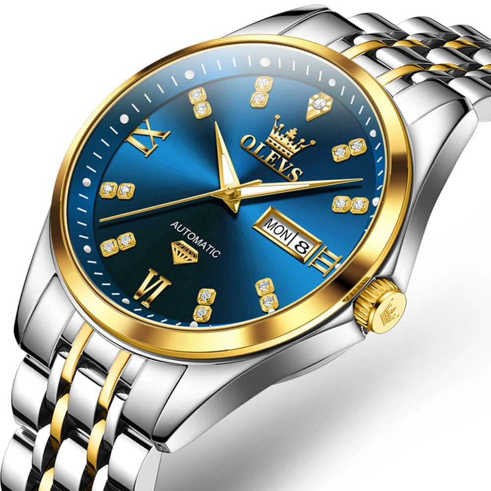 OLEVS Diamond Dial Automatic Mechanical Watch 9801 Day Date for Men - Two Tone White Watch | Olevs Watch Store