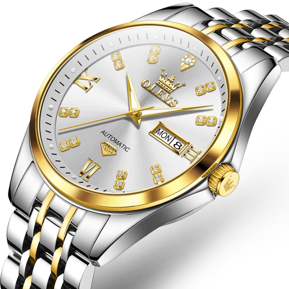 OLEVS Diamond Dial Automatic Mechanical Watch 9801 Day Date for Men - Silver Blue Watch | Olevs Watch Store
