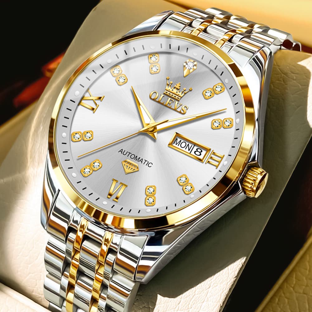 OLEVS Diamond Dial Automatic Mechanical Watch 9801 Day Date for Men - Two Tone White Watch | Olevs Watch Store