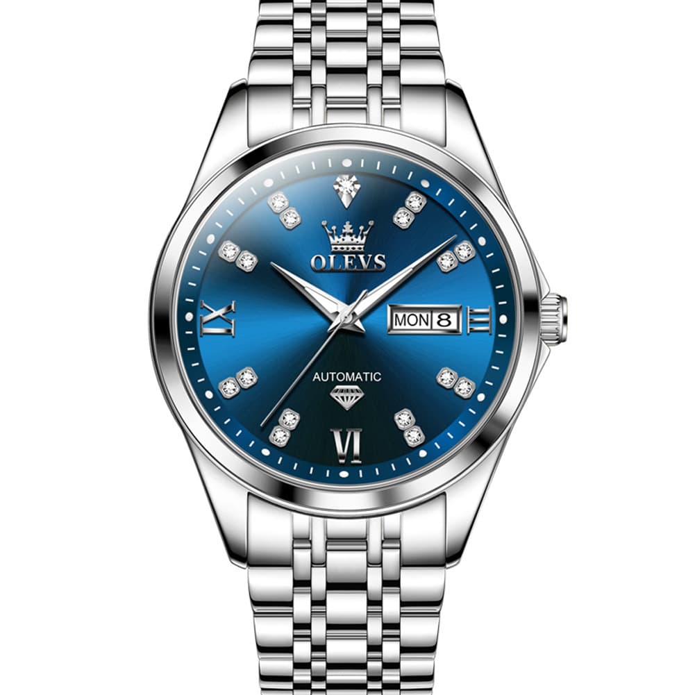 OLEVS Diamond Dial Automatic Mechanical Watch 9801 Day Date for Men - Silver Blue Watch | Olevs Watch Store