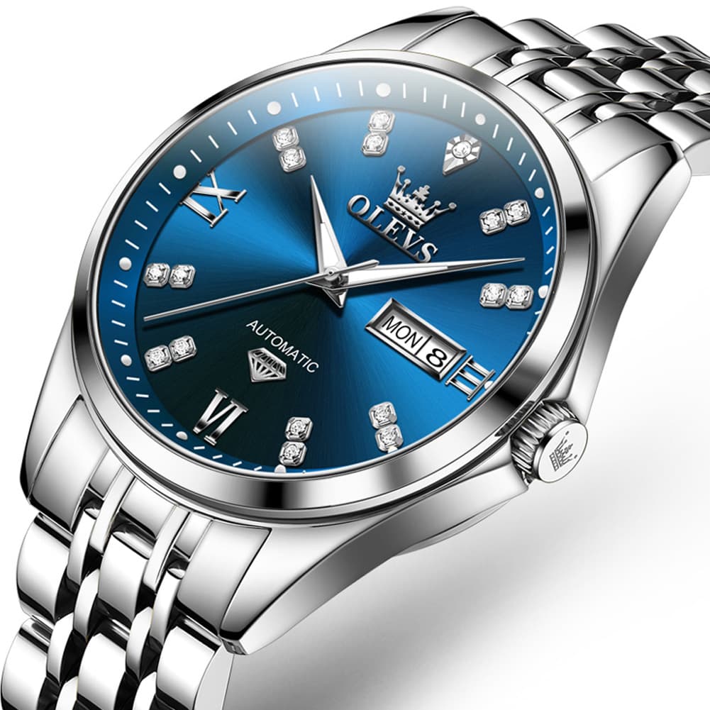 OLEVS Diamond Dial Automatic Mechanical Watch 9801 Day Date for Men - Silver Blue Watch | Olevs Watch Store