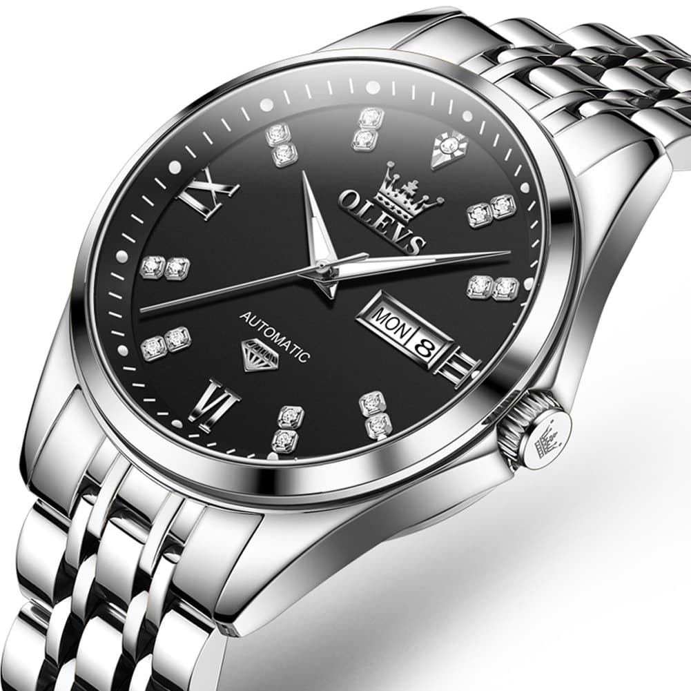 OLEVS Diamond Dial Automatic Mechanical Watch 9801 Day Date for Men - Silver Blue Watch | Olevs Watch Store