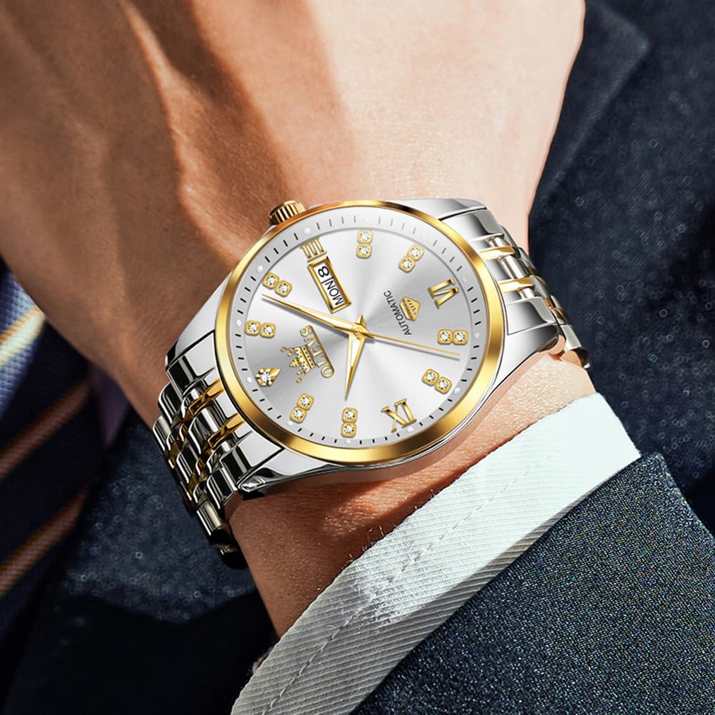 OLEVS Diamond Dial Automatic Mechanical Watch 9801 Day Date for Men - Two Tone White Watch | Olevs Watch Store