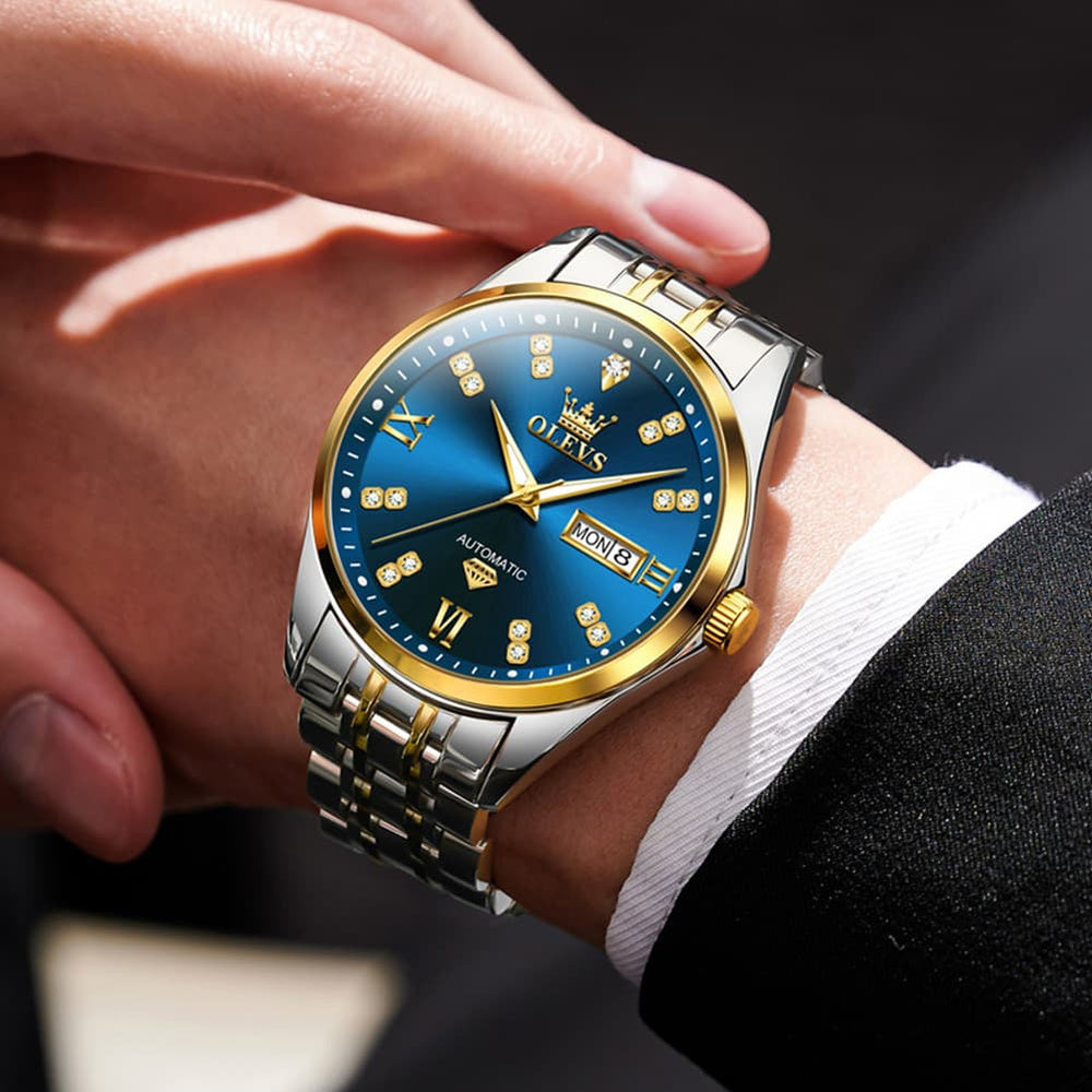 OLEVS Diamond Dial Automatic Mechanical Watch 9801 Day Date for Men - Silver Blue Watch | Olevs Watch Store