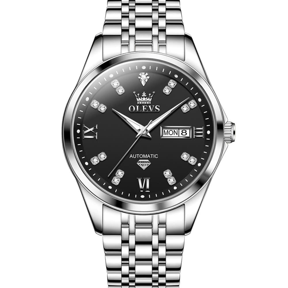 OLEVS Diamond Dial Automatic Mechanical Watch 9801 Day Date for Men - Silver Blue Watch | Olevs Watch Store