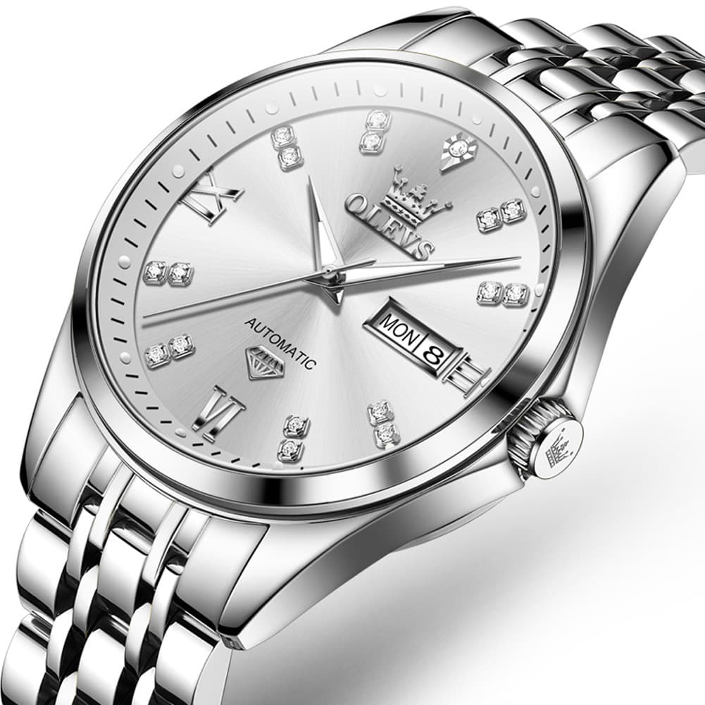 OLEVS Diamond Dial Automatic Mechanical Watch 9801 Day Date for Men - Two Tone White Watch | Olevs Watch Store