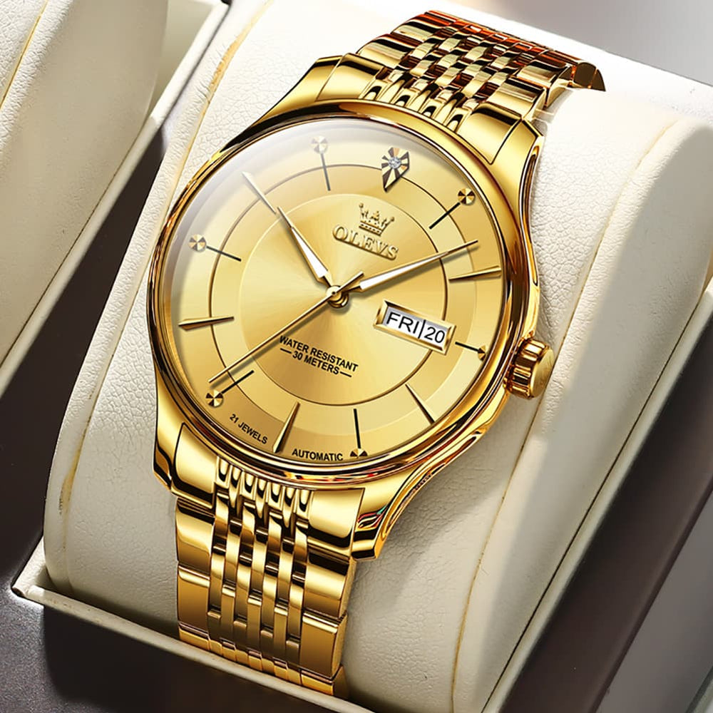 OLEVS Diamond Dial Day Date Automatic Mechanical Watch 9927 for Men - Full Gold Watch | Olevs Watch Store