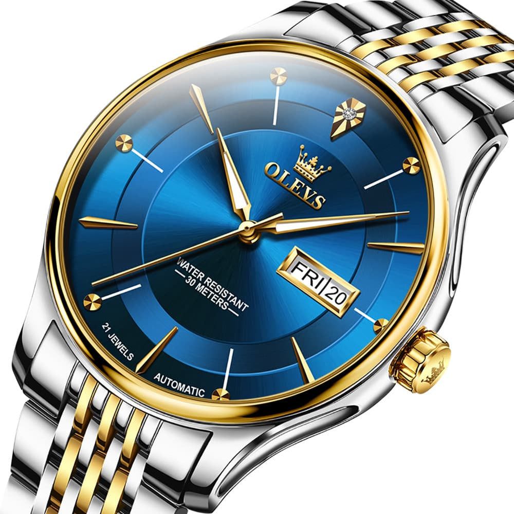 OLEVS Diamond Dial Day Date Automatic Mechanical Watch 9927 for Men - Silver Gray Watch | Olevs Watch Store