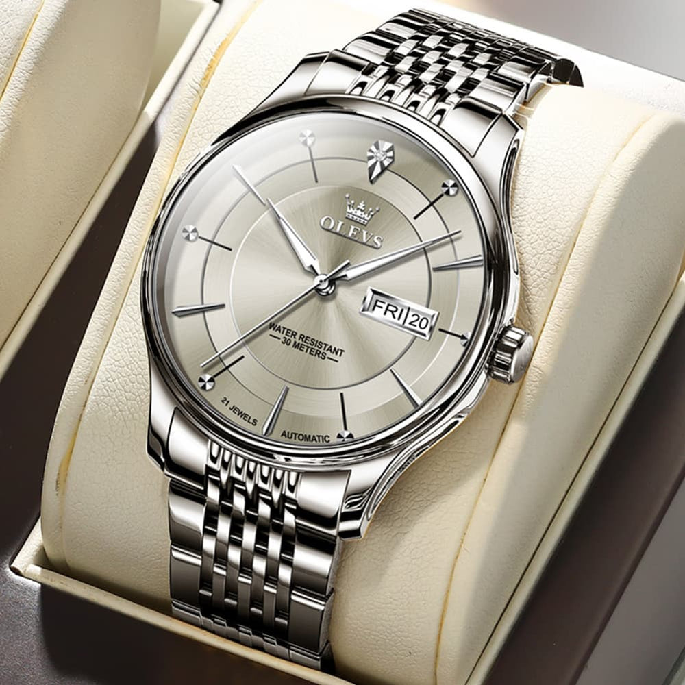 OLEVS Diamond Dial Day Date Automatic Mechanical Watch 9927 for Men - Silver Gray Watch | Olevs Watch Store