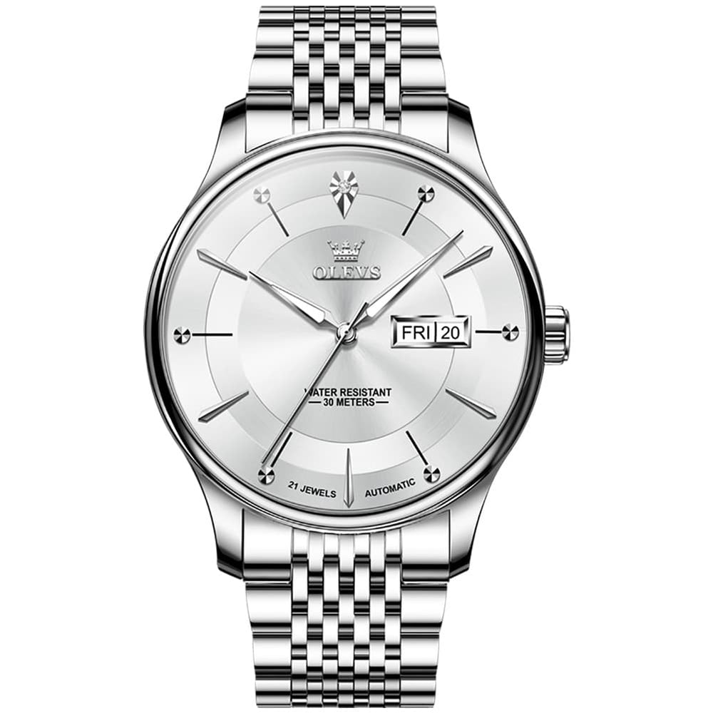 OLEVS Diamond Dial Day Date Automatic Mechanical Watch 9927 for Men - Silver Gray Watch | Olevs Watch Store