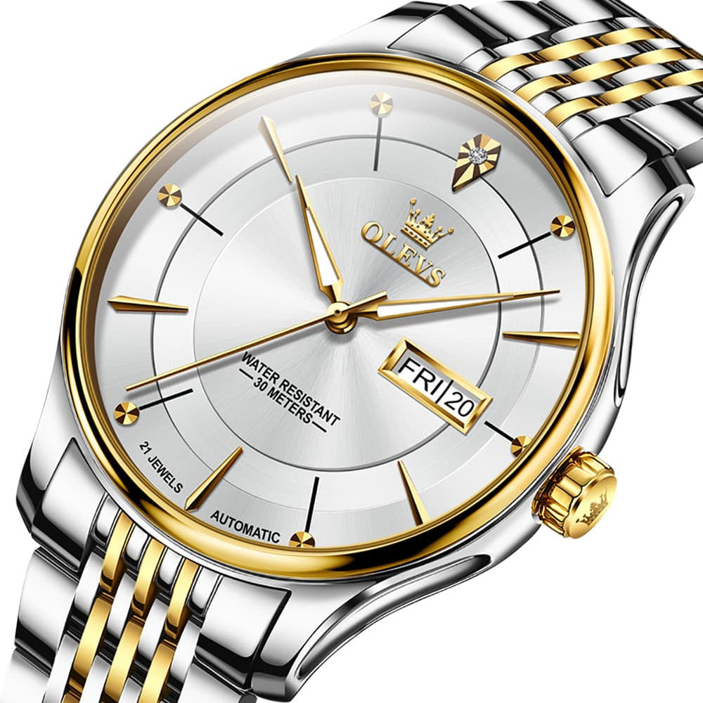 OLEVS Diamond Dial Day Date Automatic Mechanical Watch 9927 for Men - Silver Gray Watch | Olevs Watch Store