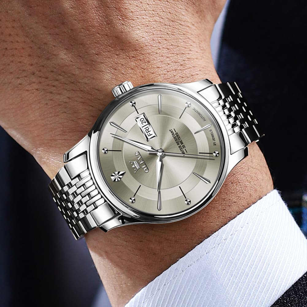 OLEVS Diamond Dial Day Date Automatic Mechanical Watch 9927 for Men - Silver Gray Watch | Olevs Watch Store