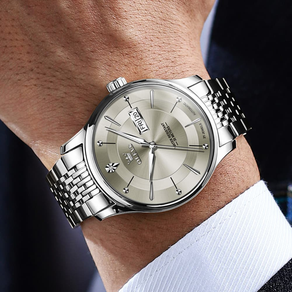 OLEVS Diamond Dial Day Date Automatic Mechanical Watch 9927 for Men - Silver Gray Watch | Olevs Watch Store