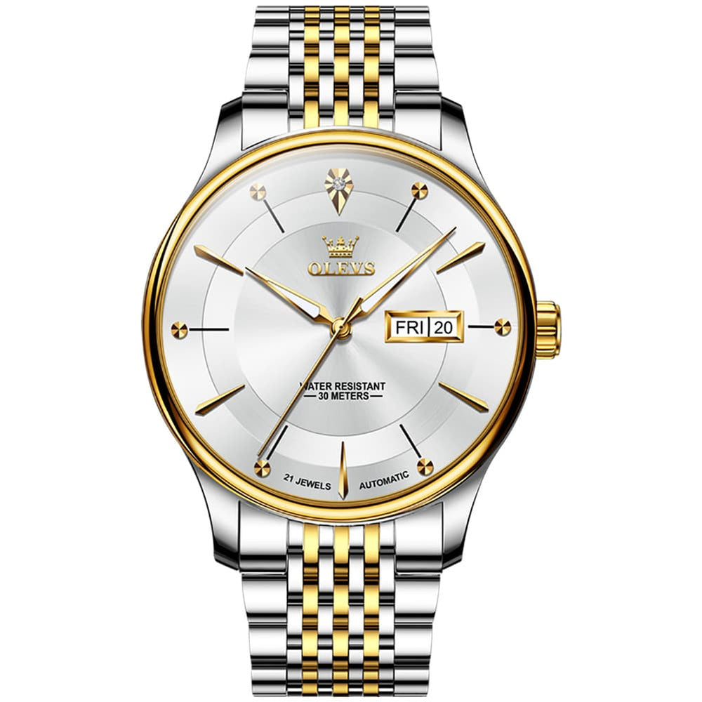 OLEVS Diamond Dial Day Date Automatic Mechanical Watch 9927 for Men - Silver Gray Watch | Olevs Watch Store