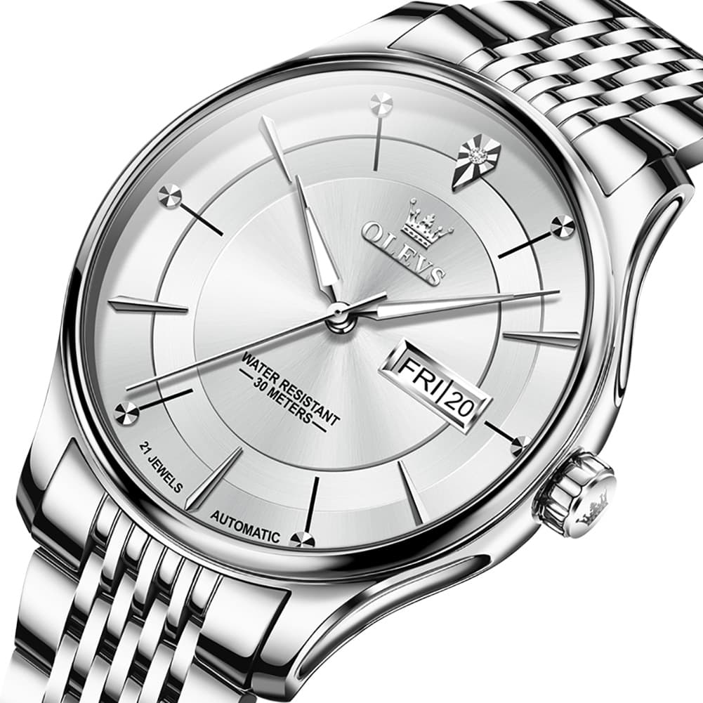 OLEVS Diamond Dial Day Date Automatic Mechanical Watch 9927 for Men - Silver Gray Watch | Olevs Watch Store
