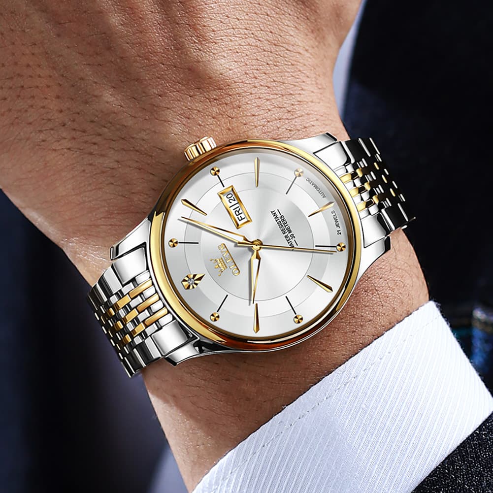 OLEVS Diamond Dial Day Date Automatic Mechanical Watch 9927 for Men - Silver Gray Watch | Olevs Watch Store