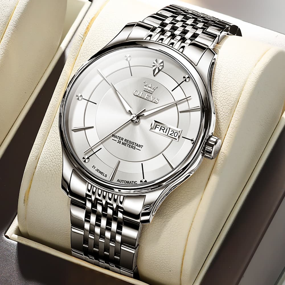 OLEVS Diamond Dial Day Date Automatic Mechanical Watch 9927 for Men - Silver White Watch | Olevs Watch Store