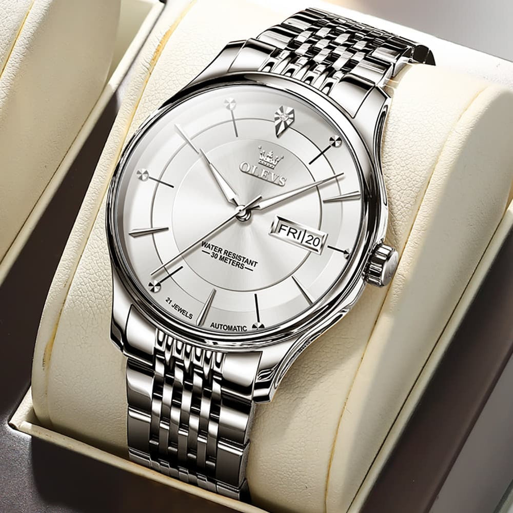 OLEVS Diamond Dial Day Date Automatic Mechanical Watch 9927 for Men - Silver White Watch | Olevs Watch Store
