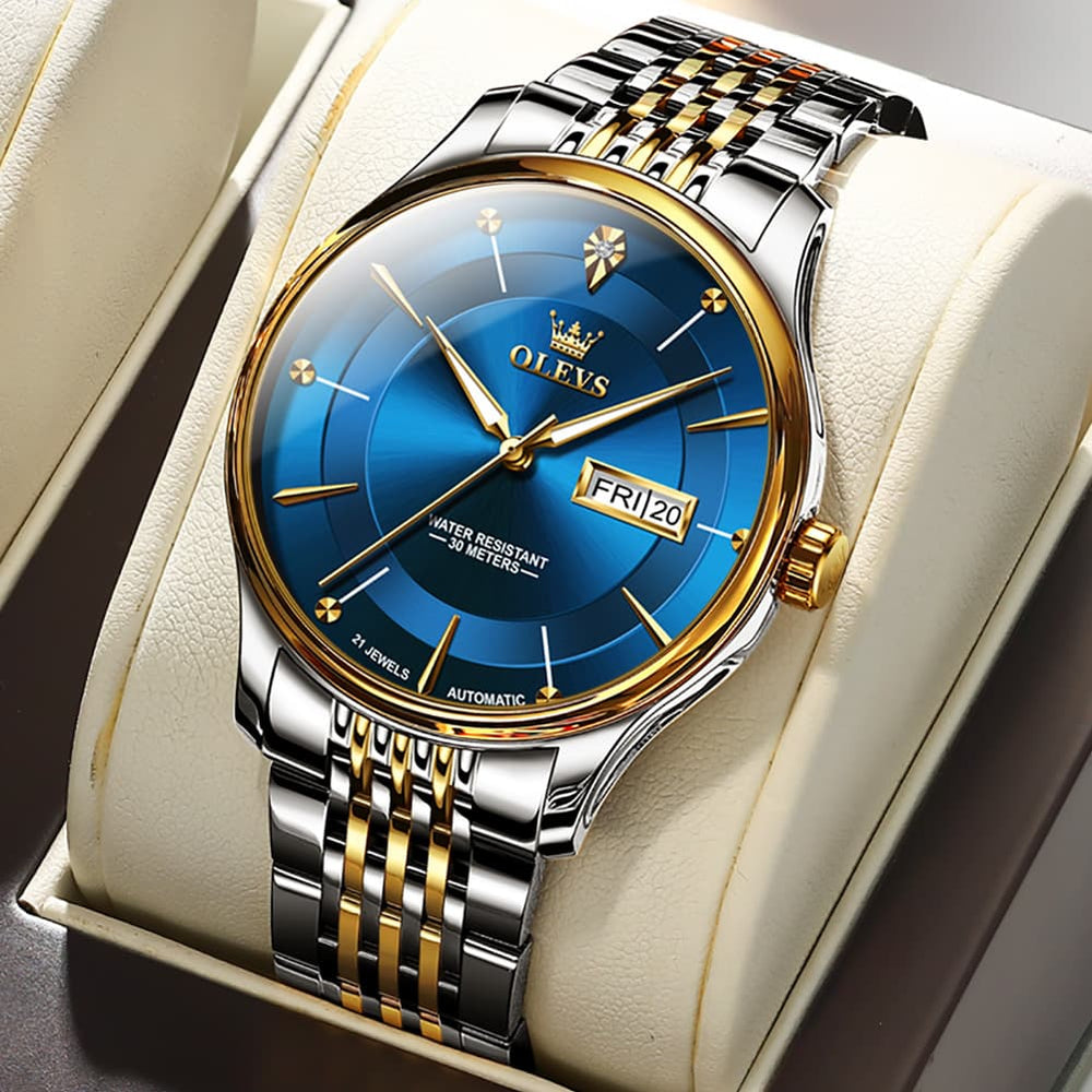 OLEVS Diamond Dial Day Date Automatic Mechanical Watch 9927 for Men - Two Tone Blue Watch | Olevs Watch Store