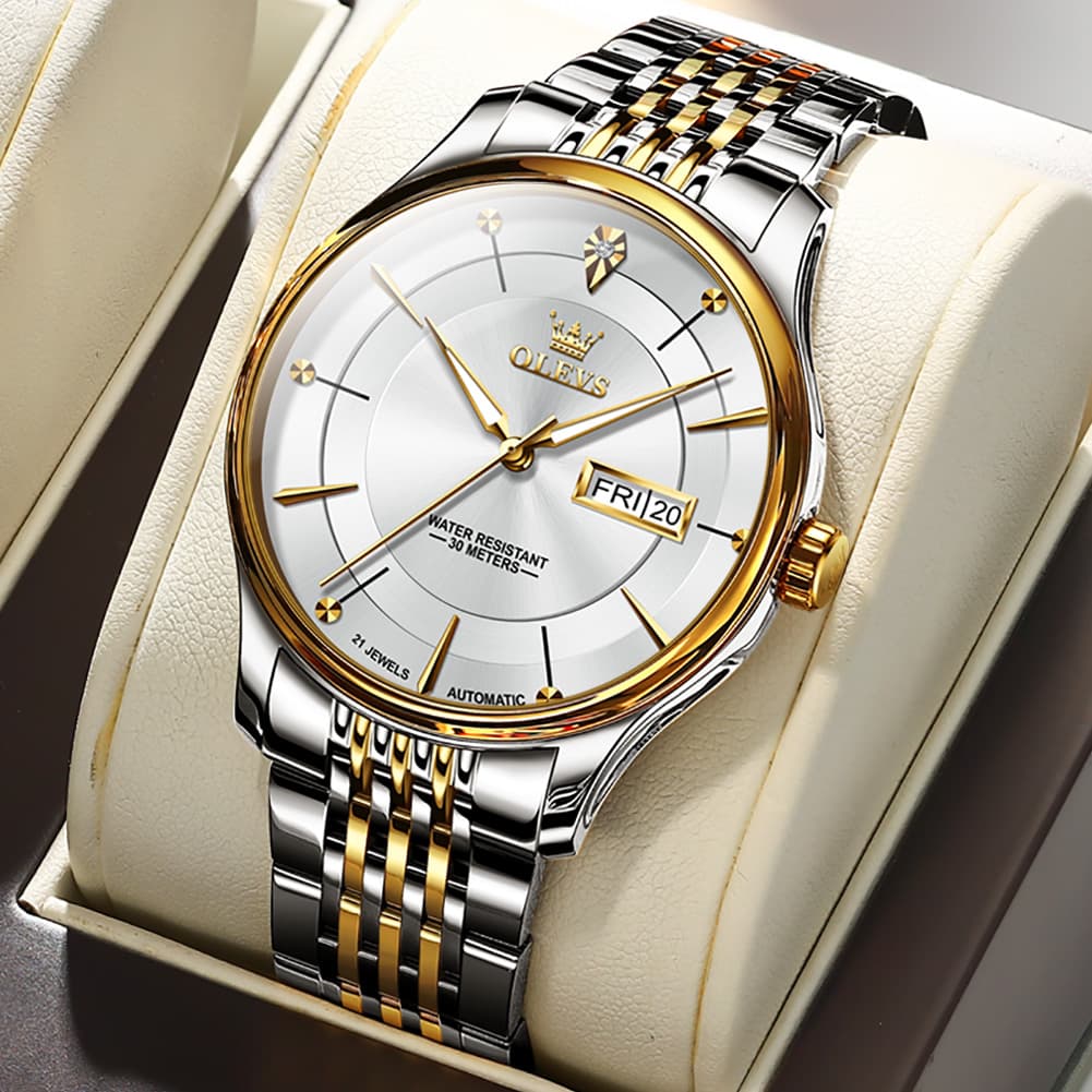 OLEVS Diamond Dial Day Date Automatic Mechanical Watch 9927 for Men - Two Tone White Watch | Olevs Watch Store