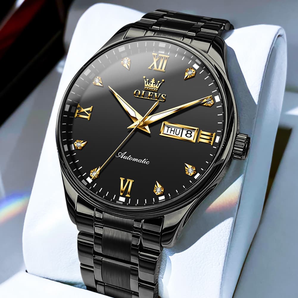 OLEVS Diamond Dial Day Date Automatic Mechanical Watch 9955 for Men - All Black Watch | Olevs Watch Store