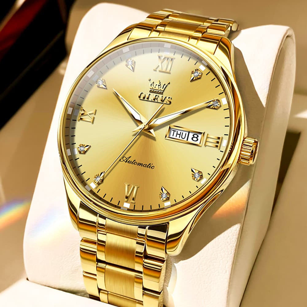 OLEVS Diamond Dial Day Date Automatic Mechanical Watch 9955 for Men - All Gold Watch | Olevs Watch Store