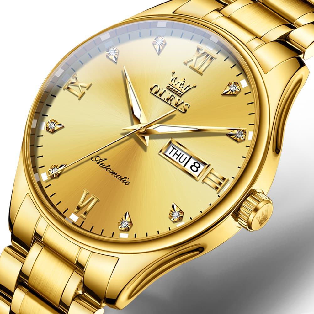 OLEVS Diamond Dial Day Date Automatic Mechanical Watch 9955 for Men - All Gold Watch | Olevs Watch Store