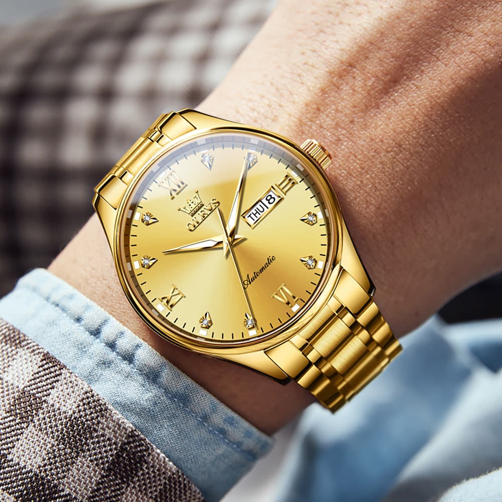 OLEVS Diamond Dial Day Date Automatic Mechanical Watch 9955 for Men - All Gold Watch | Olevs Watch Store