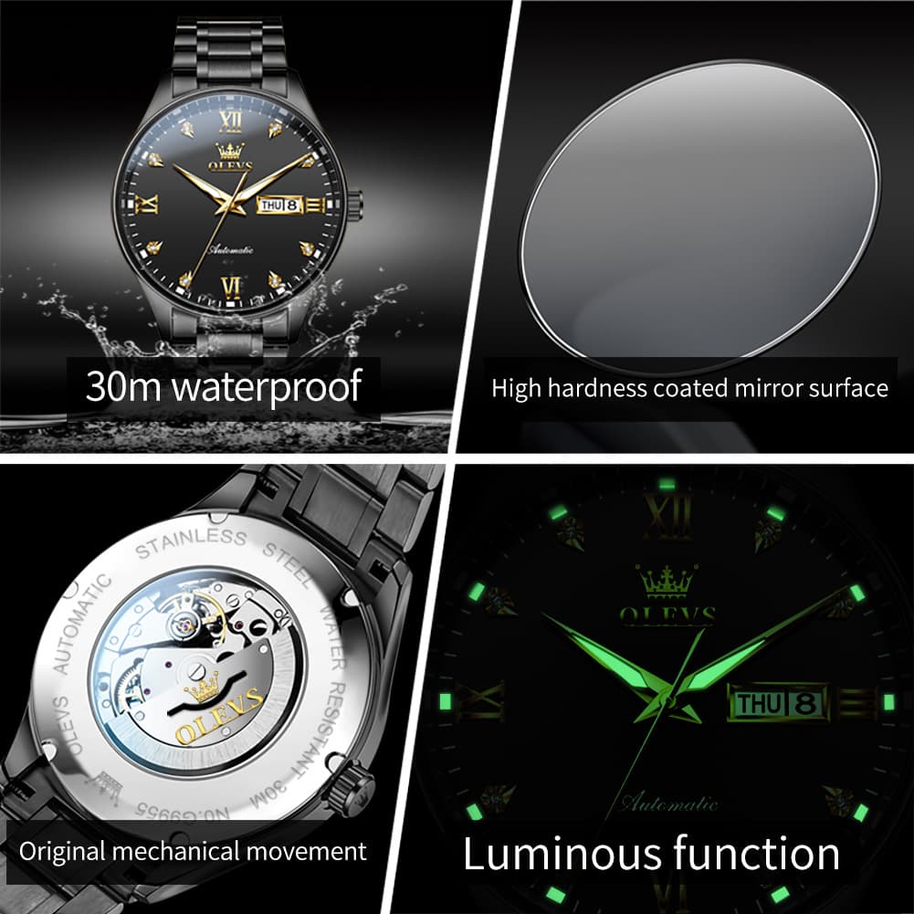 OLEVS Diamond Dial Day Date Automatic Mechanical Watch 9955 for Men - All Gold Watch | Olevs Watch Store