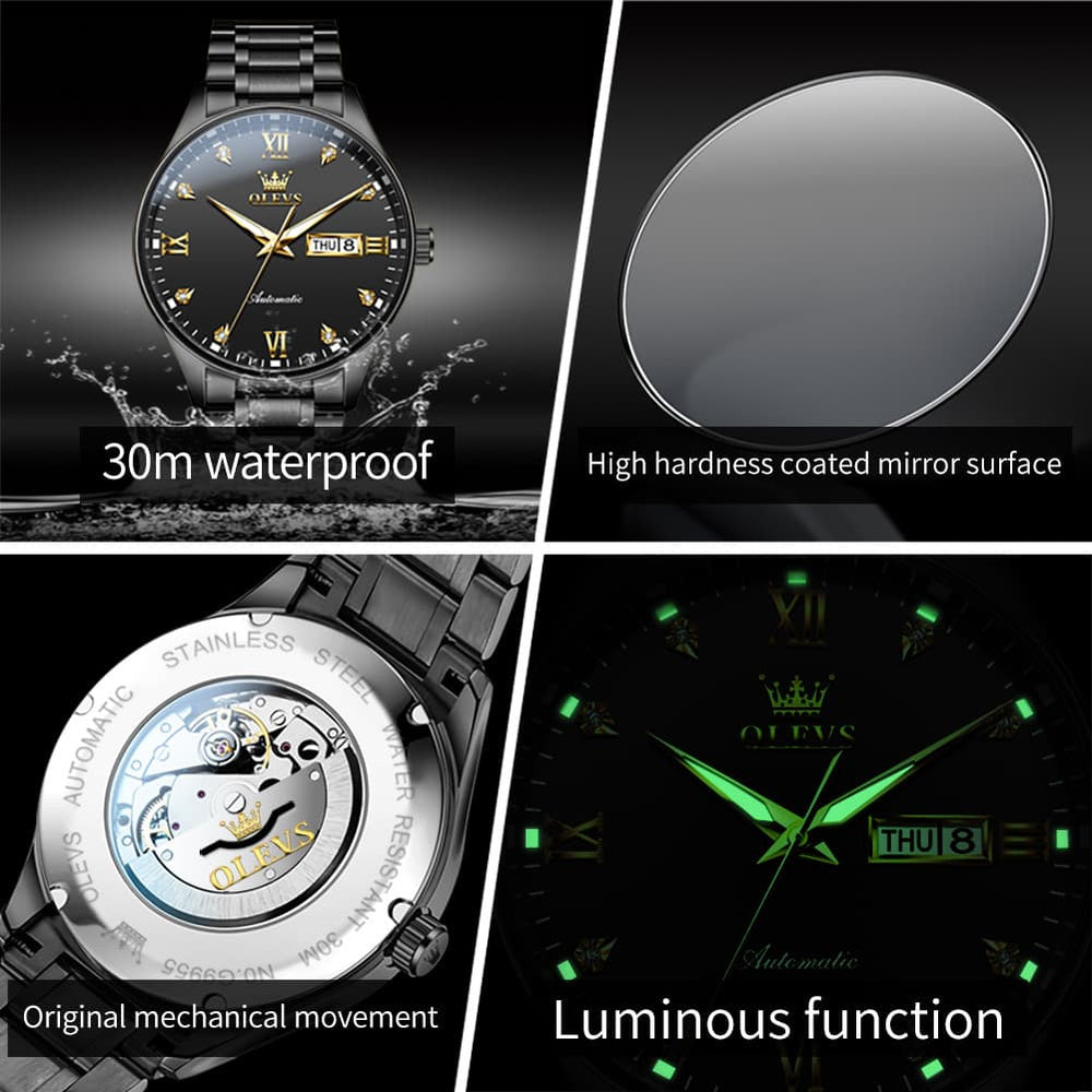OLEVS Diamond Dial Day Date Automatic Mechanical Watch 9955 for Men - All Gold Watch | Olevs Watch Store