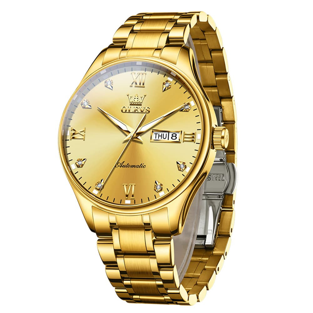 OLEVS Diamond Dial Day Date Automatic Mechanical Watch 9955 for Men - All Gold Watch | Olevs Watch Store