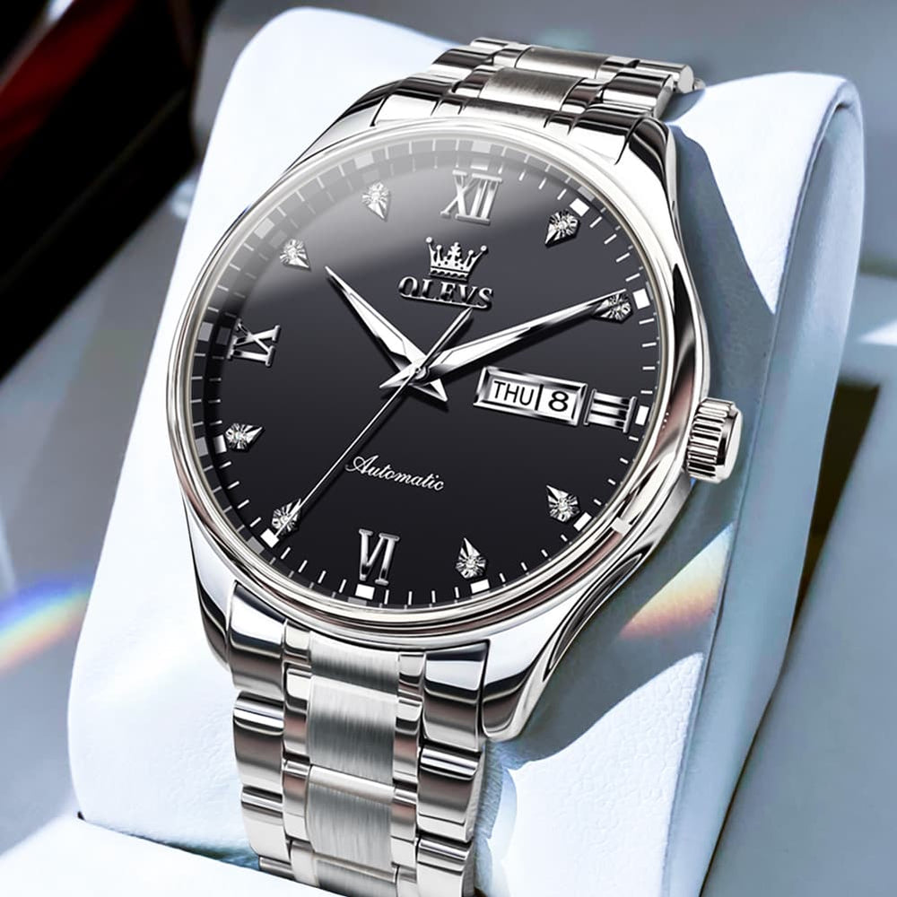 OLEVS Diamond Dial Day Date Automatic Mechanical Watch 9955 for Men - Silver Black Watch | Olevs Watch Store
