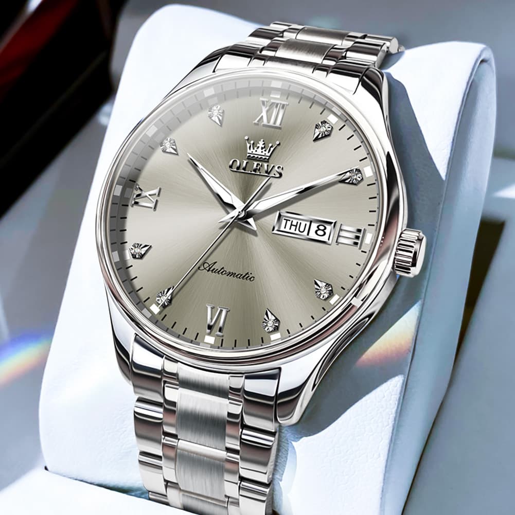 OLEVS Diamond Dial Day Date Automatic Mechanical Watch 9955 for Men - Silver Grey Watch | Olevs Watch Store