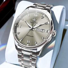 OLEVS Diamond Dial Day Date Automatic Mechanical Watch 9955 for Men - Silver Grey Watch | Olevs Watch Store