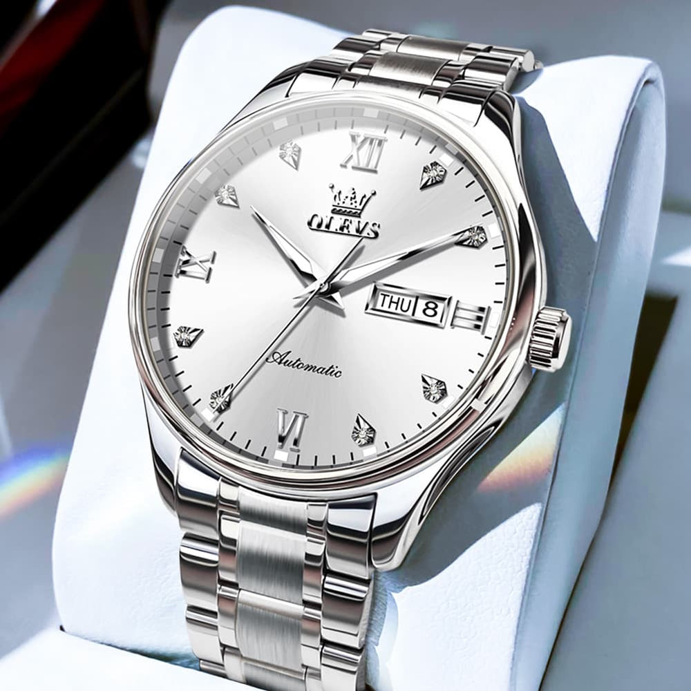 OLEVS Diamond Dial Day Date Automatic Mechanical Watch 9955 for Men - Silver White Watch | Olevs Watch Store