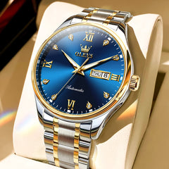OLEVS Diamond Dial Day Date Automatic Mechanical Watch 9955 for Men - Two Tone Blue Watch | Olevs Watch Store