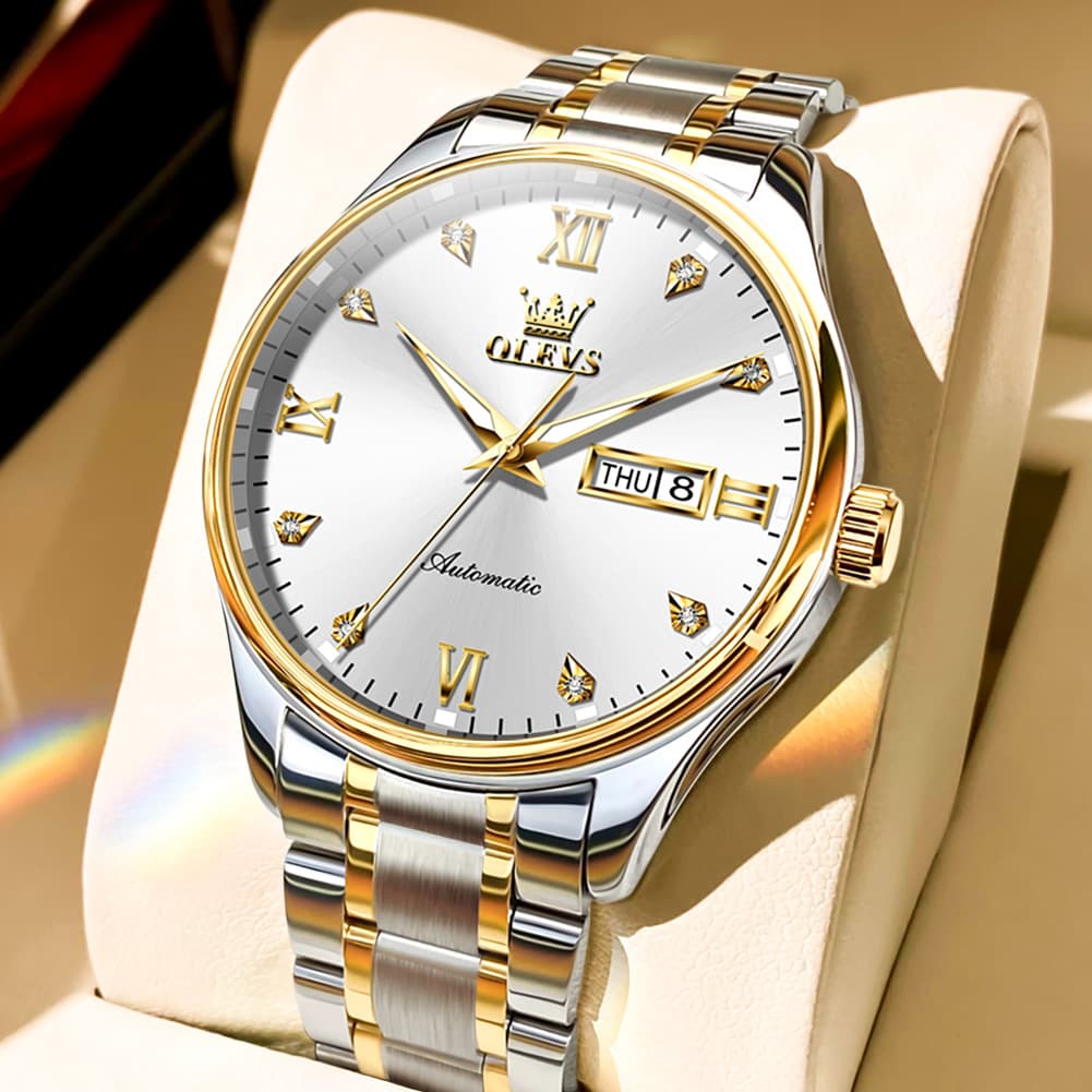 OLEVS Diamond Dial Day Date Automatic Mechanical Watch 9955 for Men - Two Tone White Watch | Olevs Watch Store