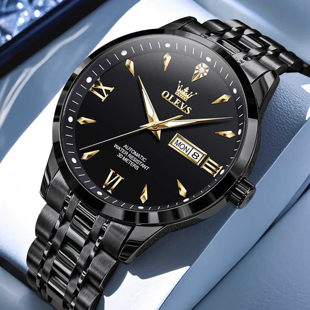 OLEVS Diamond Dial Day Date Automatic Mechanical Watch 9956 for Men - All Black Watch | Olevs Watch Store