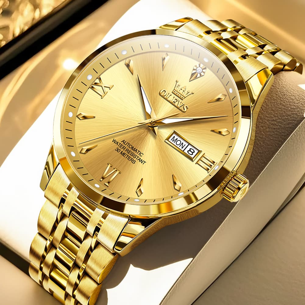 OLEVS Diamond Dial Day Date Automatic Mechanical Watch 9956 for Men - All Gold Watch | Olevs Watch Store