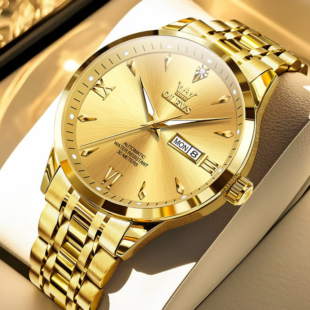 OLEVS Diamond Dial Day Date Automatic Mechanical Watch 9956 for Men - All Gold Watch | Olevs Watch Store