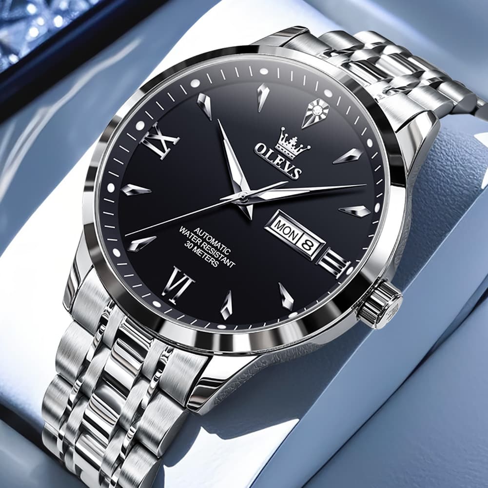 OLEVS Diamond Dial Day Date Automatic Mechanical Watch 9956 for Men - Silver Black Watch | Olevs Watch Store