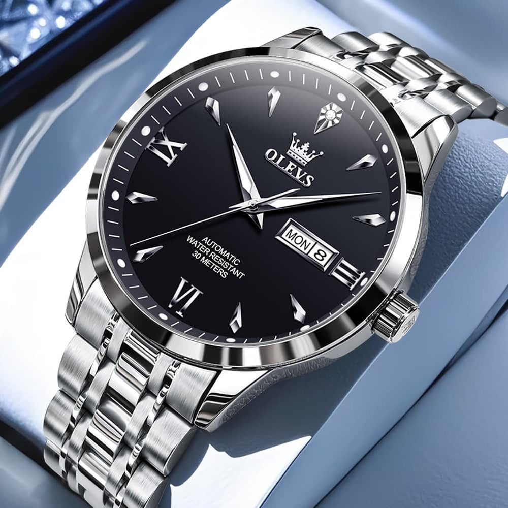 OLEVS Diamond Dial Day Date Automatic Mechanical Watch 9956 for Men - Silver Black Watch | Olevs Watch Store