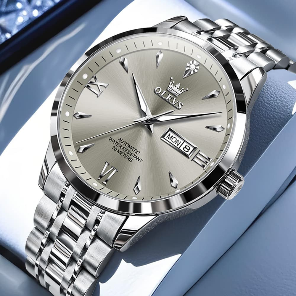 OLEVS Diamond Dial Day Date Automatic Mechanical Watch 9956 for Men - Silver Grey Watch | Olevs Watch Store