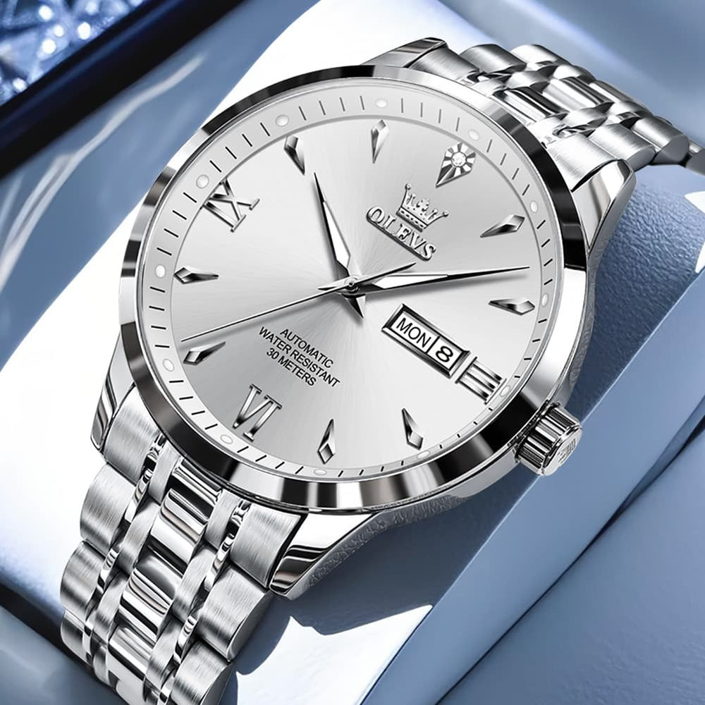 OLEVS Diamond Dial Day Date Automatic Mechanical Watch 9956 for Men - Silver White Watch | Olevs Watch Store