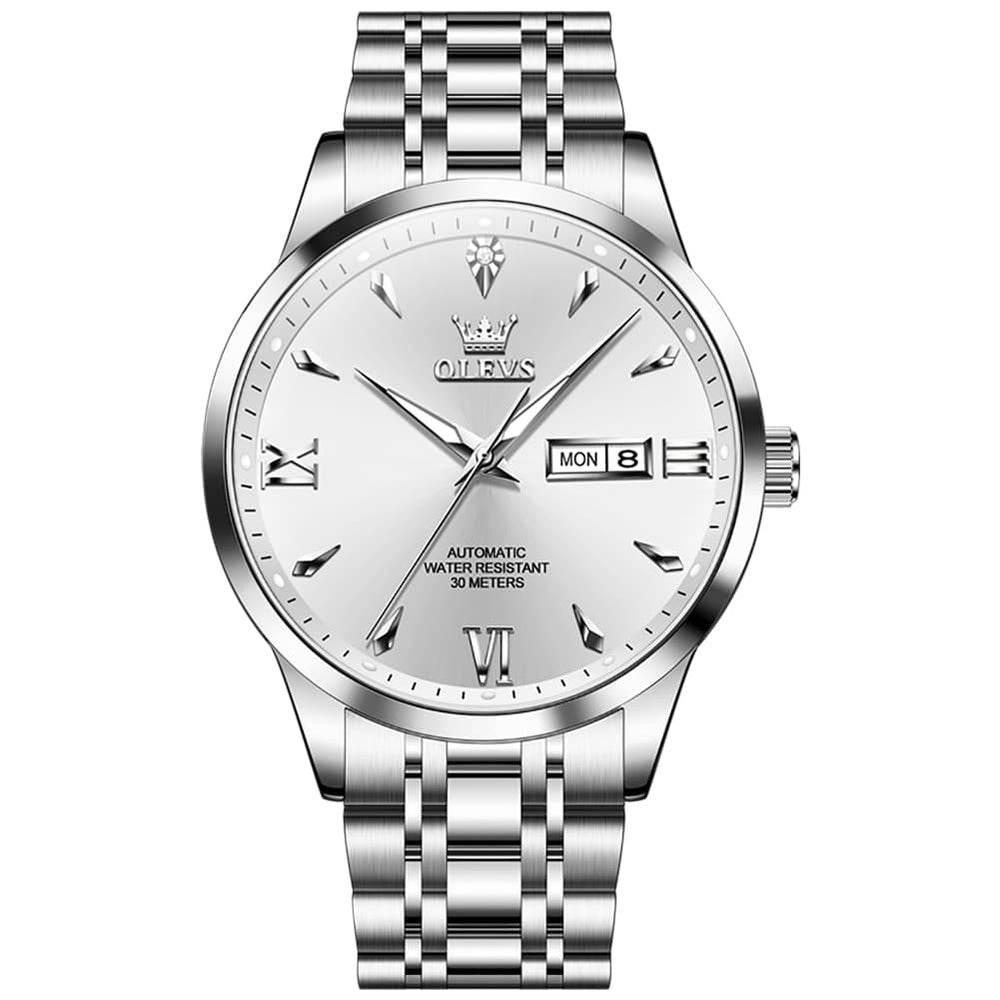 OLEVS Diamond Dial Day Date Automatic Mechanical Watch 9956 for Men - Silver White Watch | Olevs Watch Store