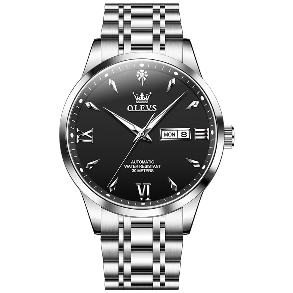 OLEVS Diamond Dial Day Date Automatic Mechanical Watch 9956 for Men - Silver White Watch | Olevs Watch Store