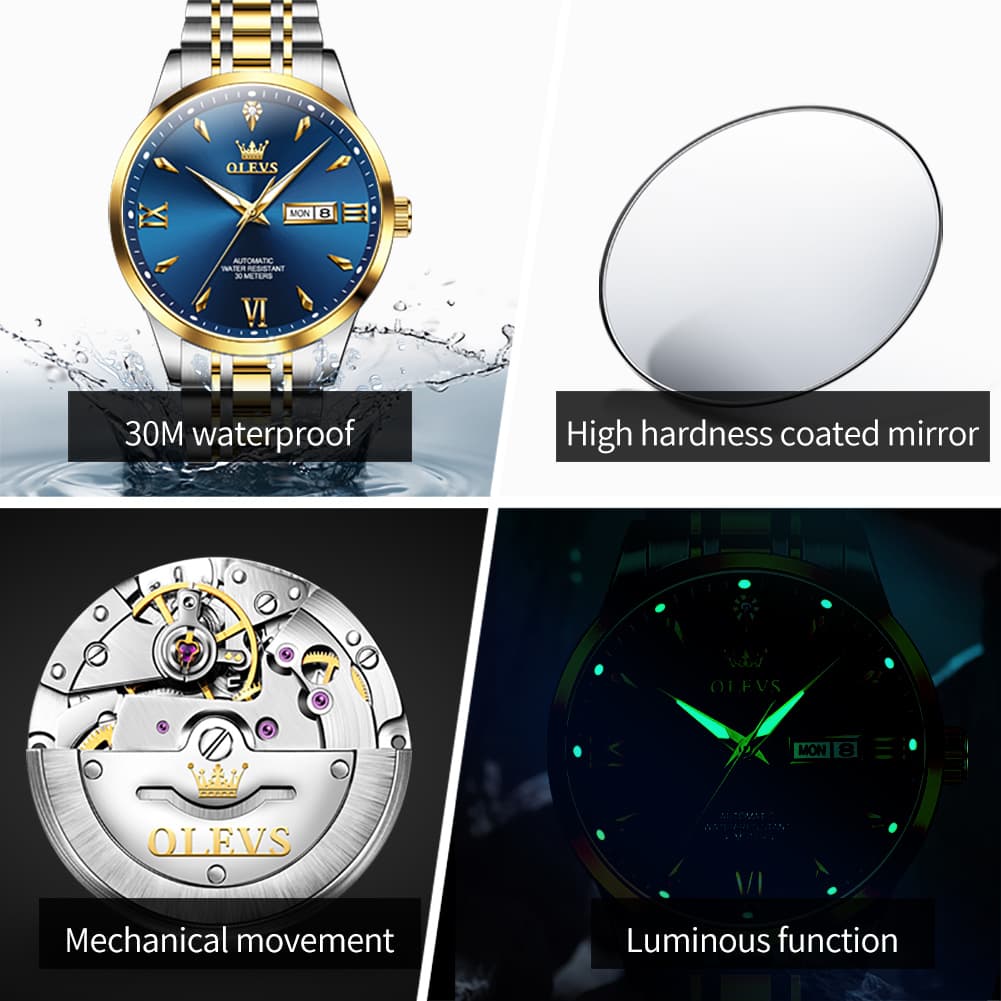 OLEVS Diamond Dial Day Date Automatic Mechanical Watch 9956 for Men - Silver White Watch | Olevs Watch Store